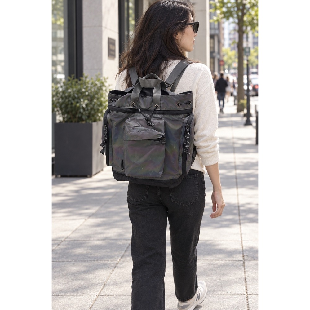 Doughnut Dynamic Series Iridescent Reflective Backpack Grey Multi Pocket Tote